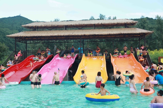 Customized 3 Riders Kids' Water Slides Aqua Park Equipment , Pink / Orange / Blue