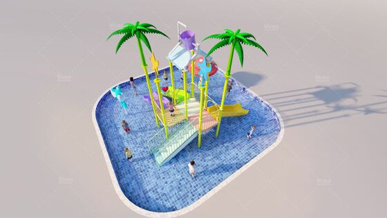 Hình cấu trúc chơi nước bằng sợi thủy tinh nhỏ với 3 slide và xô lật cho trẻ em