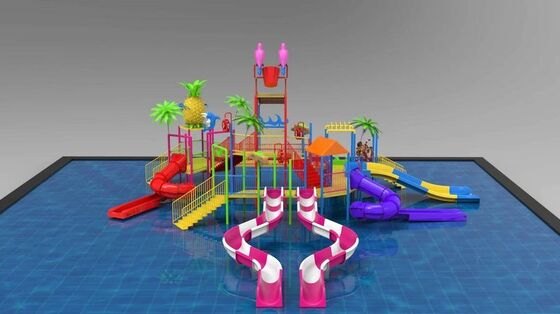Cấu trúc chơi nước theo chủ đề nhiệt đới với thùng lăn khổng lồ và nhiều slide cho công viên Splash